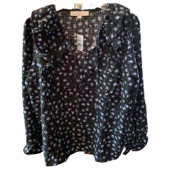 NWT LOFT Women's Navy Blue Floral Print Ruffle Tie Neck Blouse Sz Petite Large - Picture 4 of 6